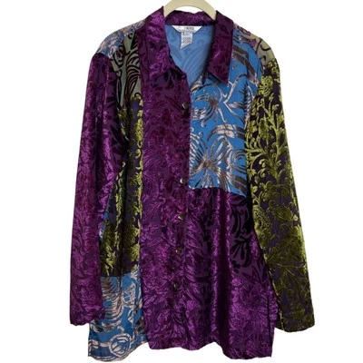 Camisa festival boho patchwork veludo burnout vintage Y2K M roxo azul verde arte - Imagem 1 de 4