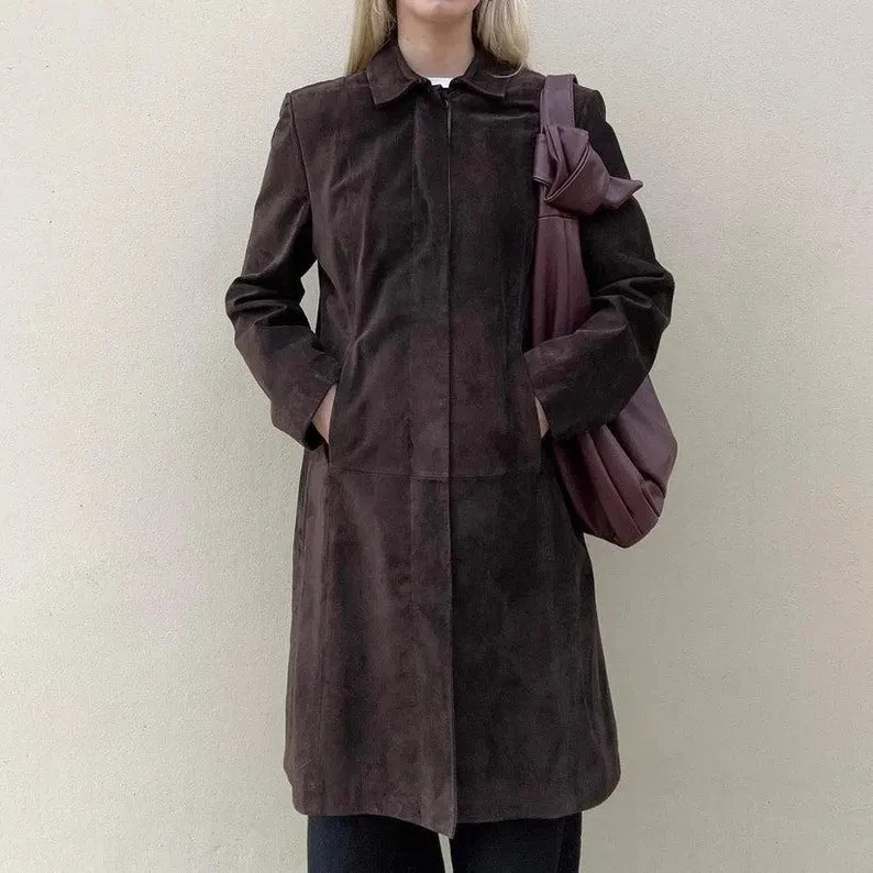 Women’s Brown Long Suede Coat 70s Vintage Y2K Leather Trench Retro Classic Coat - Image 1 of 4