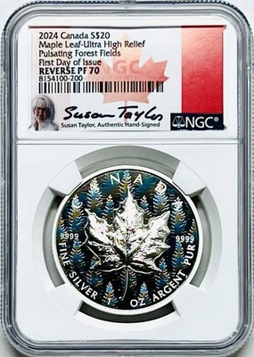 2024 $20 CANADA 1OZ SILVER MAPLE LEAF PULSATING FOREST UHR NGC REV PF70 SIGNED - Image 1 of 4