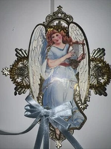 Antique Victorian Christmas Ornament Punch Out Angel, Foil Embossed With Ribbon - Picture 1 of 7