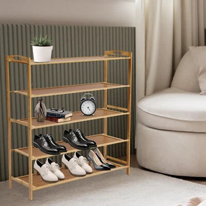 5 TIER NATURAL BAMBOO SHOE RACK ORGANISER STAND SHOE/BOOK STORAGE SHELF UNIT - Picture 1 of 9