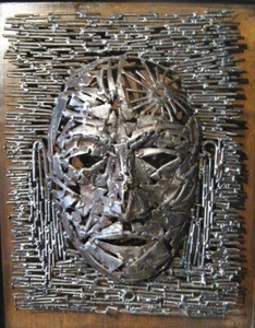 Late 20th Century Modern Art Mask/Portrait Sculpture in Nails Screws Scrap Metal - Picture 1 of 4