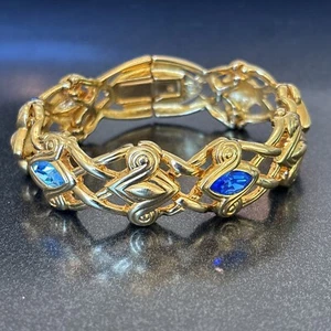 Swarovski Blue Crystal Gold Plated Wide Statement Bracelet 6.5” - Picture 1 of 14