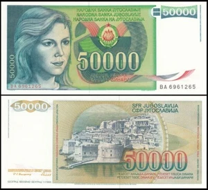 YUGOSLAVIA 50,000 DINARA 1988 UNC BA,GIRL AT LEFT,ARMS AT CENTER,CITY OF DUBROVN - Picture 1 of 1