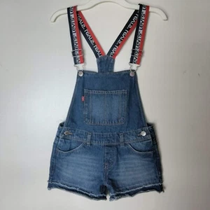 Levi's Jeans Overalls Shortall Logo Spell Out Straps Blue Girls Size 10 Reg - Picture 1 of 10