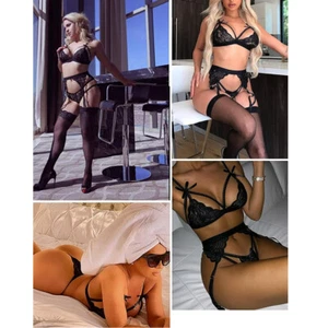 Women's Sexy Lingerie Sets with Garter Belt 3 Piece Lace Teddy Babydoll Bodysuit - Picture 1 of 22