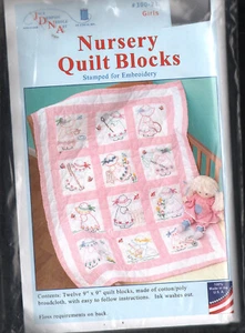 Girls, Jack Dempsey Stamped White Nursery Quilt Blocks 9"X9" 12/pkg - Picture 1 of 1