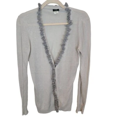 J. Cárdigan Suéter Crew Para Mujer S Gris Seda Mezcla Lino Manga Larga Volantes Frontal Foto 1 de 4