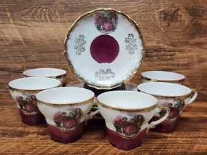 VINTAGE JAPANESE "COURTSHIP" TEA CUP AND SAUCER SET - WITH GOLD RIM - 12 PIECES - Picture 1 of 11