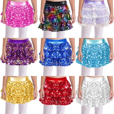 Girls Sequins Jazz Latin Dance Skirt Tiered Ruffle Ballet Cheerleading Dancewear - Image 1 of 3