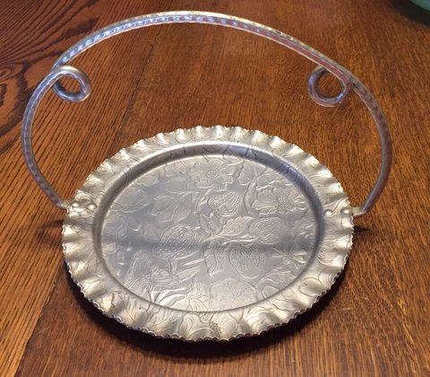 Hand Finished Aluminum Flower or Fruit Basket Strawberry Pattern 9 1/2” Wide 7” Cover