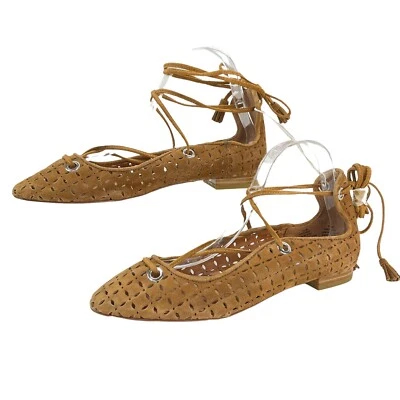 Halogen Shoes Womens Sz 7.5 Nella Ghillie Camel Suede Ankle Wrap Flats Nwob - Image 1 of 4