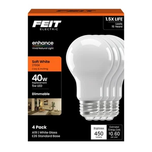Feit Electric A19 LED Light Bulb, 40W Equivalent, Dimmable, 450 Lumens, E26 B... - Picture 1 of 8