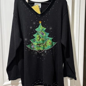 Vintage Quacker Factory Black Christmas Tree Sequin Beaded Sweater Womens 2X NWT - Picture 1 of 17