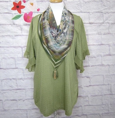 Blusa túnica top ONE WORLD talla XL verde manga corta acampanada con bufanda extraíble Foto 1 de 4
