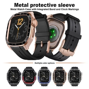 Silicone Rubber Band Metal Case for Apple Watch 11/10 46mm 9/8/7 45mm 6/5/4 44mm - Picture 1 of 25