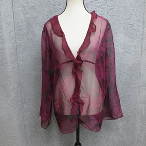 Y2K Sheer Floral Blouse Womens M Purple Burgundy Romantic Chiffon Ruffled Retro - Picture 1 of 16