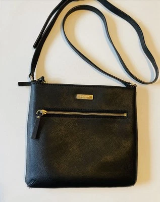 Kate Spade Saffiano Leather Crossbody Bag Small Black Gold Zip Purse Gift VGC - Image 1 of 4
