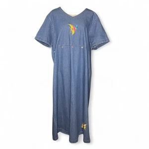 Vintage Denim Maxi Dress XXL Embroidered Fish Shift Cottagecore Lagenlook - Picture 1 of 11