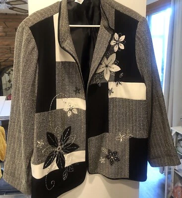 Women’s Alfred Dunner Embroidered Floral Herringbone Blazer Jacket Sz 18 Black - Image 1 of 4