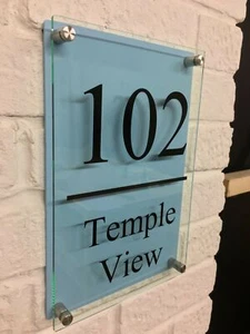 Modern HOUSE PLAQUES / BLUE / DOOR / NUMBER / GLASS EFFECT ACRYLIC / Wall Sign - Picture 1 of 13