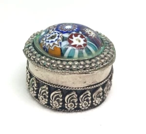 Antike türkische versilberte Pillendose mit Deckel - mit Muranoglas Morin Einlag - Bild 1 von 14