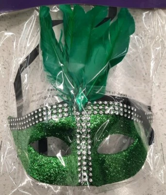 Máscara de mascarada verde brillante veneciana Mardi Gras, pedrería gema, plumas Foto 1 de 4