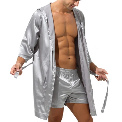 Hombres Bata de Satén Albornoz Sedoso con Pantalones Cortos Ligero Ropa de Dormir Pijama Conjunto Capucha Foto 1 de 4