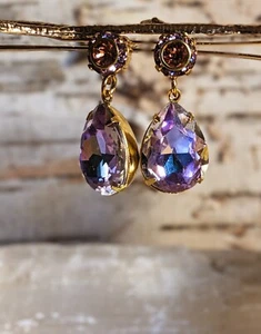 Tanzanite Sparkles AB And Purple Flower Swarovski Crystals In Drop Earrings - Picture 1 of 4