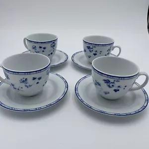 Laura Ashley Cup Suacer Cereamic Set 4 Dishes Blue White Floral Cottage - Picture 1 of 13