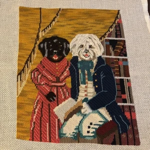 Finished Needlepoint Old Fashioned Portrait Of Two Dogs - Picture 1 of 2
