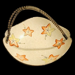 Vintage Hyalyn 6.5" Crackle Glaze Basket Bowl Orange Yellow Leaf Design Handle - Picture 1 of 7