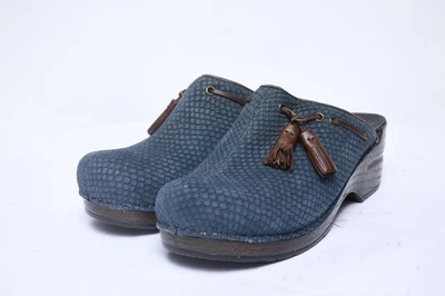 Dansko Shannon Blue Suede Reptile Embossed Print Clogs Mules Womens Sz 37 Tassel - Image 1 of 4