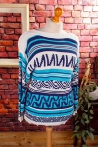 Maglione maglia vintage originale anni 90 blu bianco fantasia marittima mediterranea M L - Foto 1 di 4