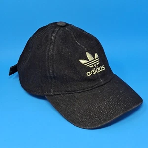 Adidas Women's Black Denim Cap Hat Adjustable Gold Trefoil Logo OSFW 100% Cotton - Picture 1 of 20