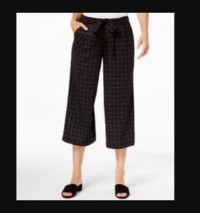 Maison Jules Womens Jadore Checked SZ 10 Wide Leg Cropped Pants Stretchy Waist - Picture 1 of 11