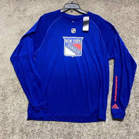 New York Rangers Shirt Mens Large Blue Adidas Long Sleeve NHL Hockey Cover