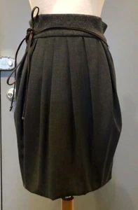 Brunello Cucinelli Gunex Grey Gray Wool Brown Leather Belted Skirt Italy Sz 2 - Picture 1 of 6