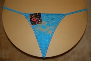 Sheer Bright Blue G-String with Shiny Band & a Shiny Flowered Front - S - Picture 1 of 2