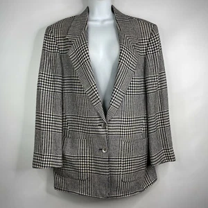 Vintage 80s Academia Austin Reed Blue White Houndstooth Silk Knit Blazer Size 10 - Picture 1 of 9