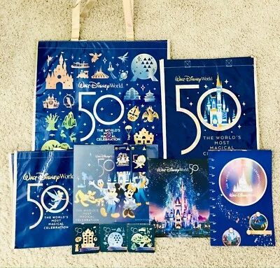 DISNEY WORLD 50th Anniversary Collectibles Rare Cards Pin Calendar Bag Brochures - Image 1 of 2