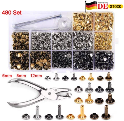 MARKENLOS 480 Set Leder Nieten Doppelkappe Rivet 6/8/12mm Hohlnieten Werkzeug Zange Satz