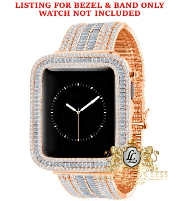 Baguette Rose Gold Tone Apple Watch Custom Bezel + Band Combo 44mm Fit # 4,5,6 - Image 1 of 4