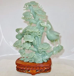 10.9" Vintage Chinese Carved Green Serpentine Pine Tree & Birds Statue w/ Stand - Picture 1 of 12