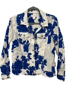 Cynthia Rowley 100% Linen Blue White Floral Slim Casual Summer Resort Jacket S - Picture 1 of 8