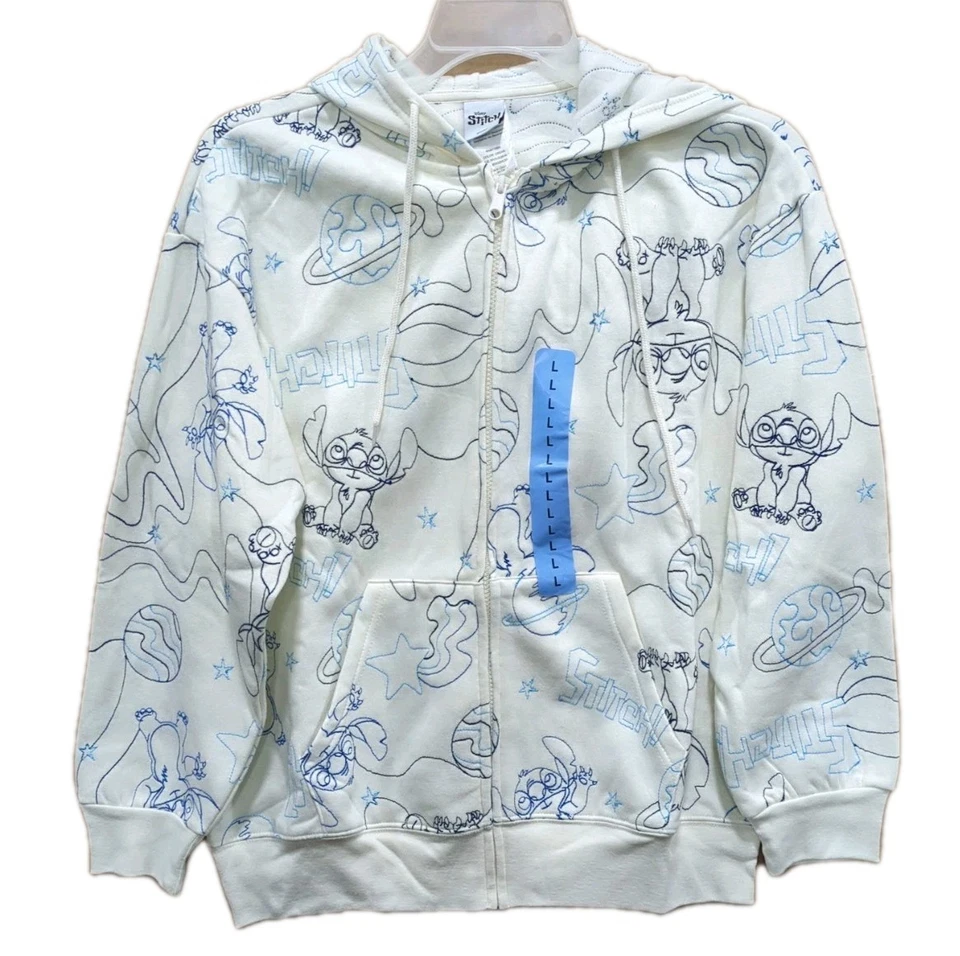 Disney Stitch Hoodie Mens Large Cream Full Zip All Over Print Graphic Freeze