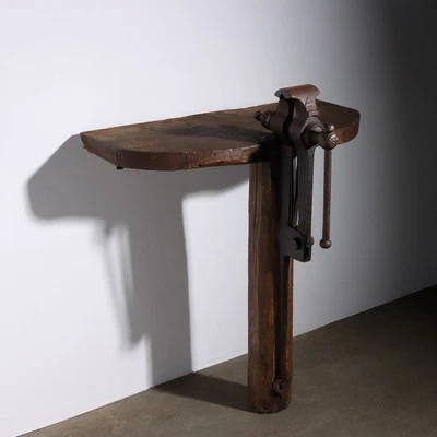 Console Ancien Chêne Fer Forgé avec Étau Italie XXe Siècle Original - Photo 1/4