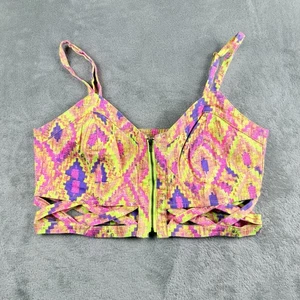 Ally Top Damen XL Neon Tribal Print Ikat Cropped Crisscross Saum Festival Y2K - Bild 1 von 14