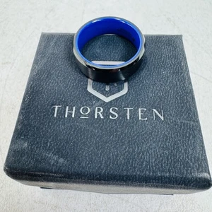 Thorsten 8mm RIGEL Beveled Edges Black Tungsten Ring W/ Brushed Blue Ceramic 10 - Picture 1 of 5