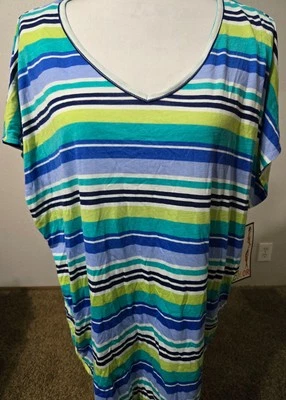 2X Faded Glory NWT womens top blouse green blue white striped short sleeve plus - Image 1 of 3